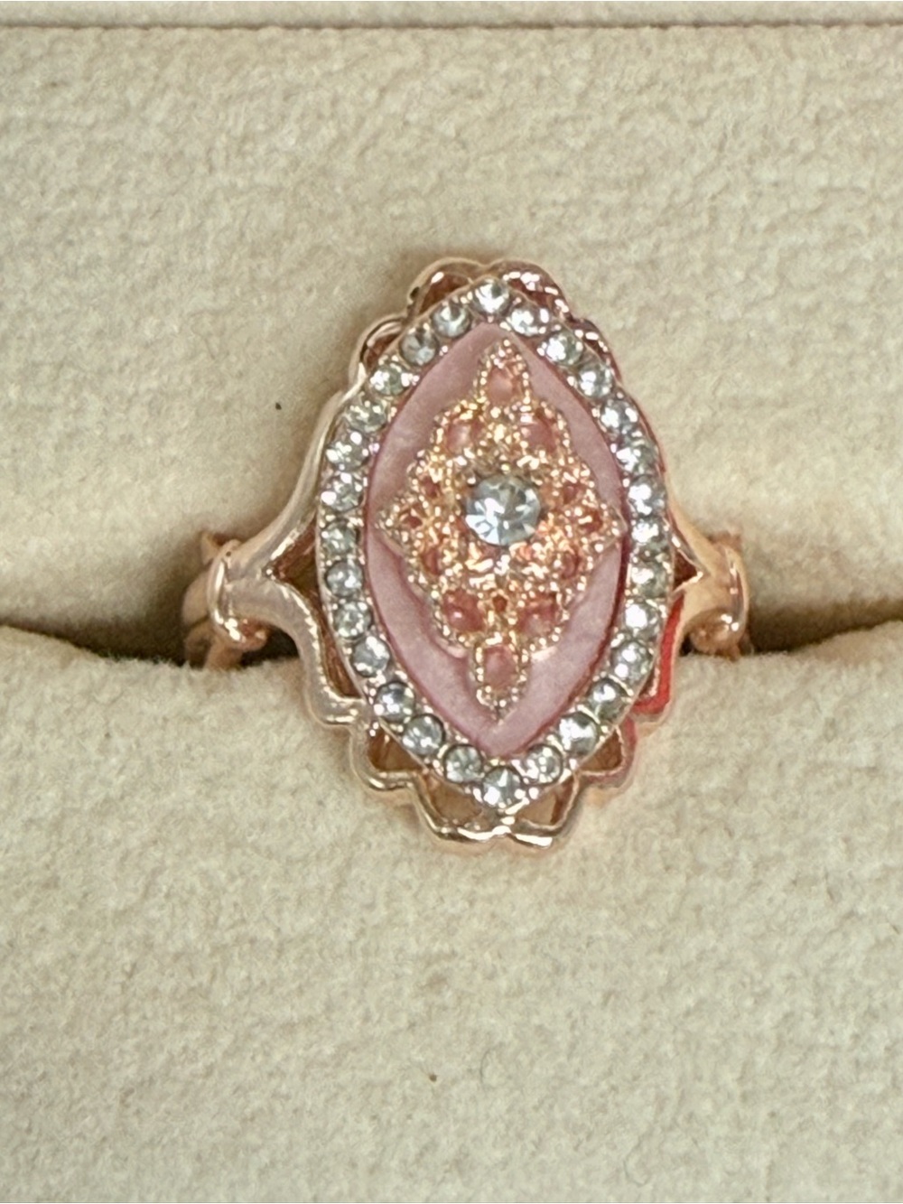 Retro Rose Gold Pink Enamel Filigree Ring with Clear Crystals